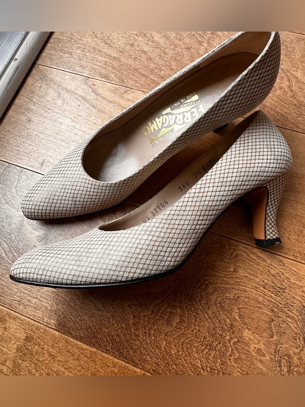 Salvatore Ferragamo Taupe Patterned Mid Heel Pumps